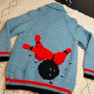 Vtg Hand Knit M Sweater Cardigan Bowling Ball Pins Talon Zipper Rare 60s Blue